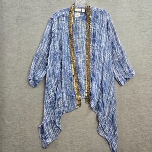 Chico's Women Top 2 Blue Tie Dye Shibori Gold Sequin Kimono‎ Handkerchief